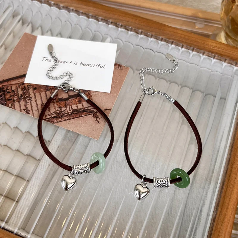 

VSnow Temperament Circle Natural Stone Metal Ring Beaded Charm Bracelet for Women Vintage Love Heart Leather Bracelet Jewelry