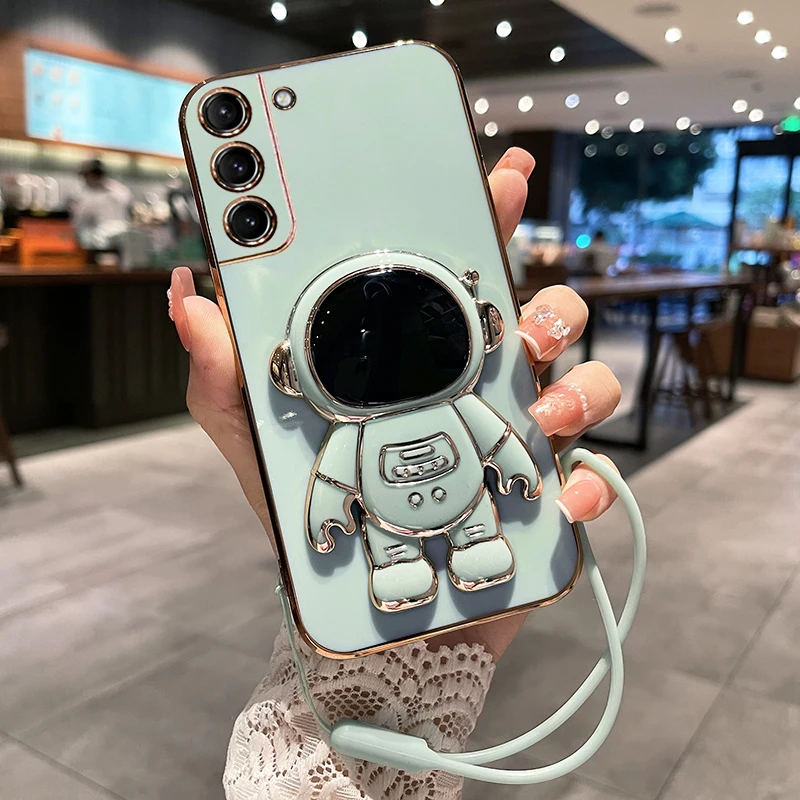 

Fashion Astronaut Plating Stand Holder Phone Case For Samsung Galaxy S22 S21 S20 S10Plus Note 20Ultra A13 A32 M32 A03S A02 Cover