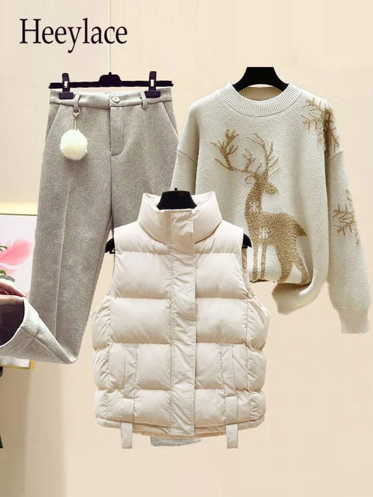

Зимние теплые комплекты из трех предметов, трикотажный свитер с длинным рукавом и жилет с хлопковой подкладкой, парки и брюки, женская одежд...