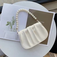 fashion pearl handle bag for women 2022 trend vintage yellow crossbody purse pleated bag korean womens small leather handbag