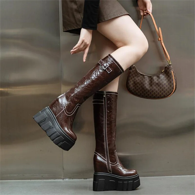 Женские мотоциклетные ботильоны челси до колена из натуральной кожи на