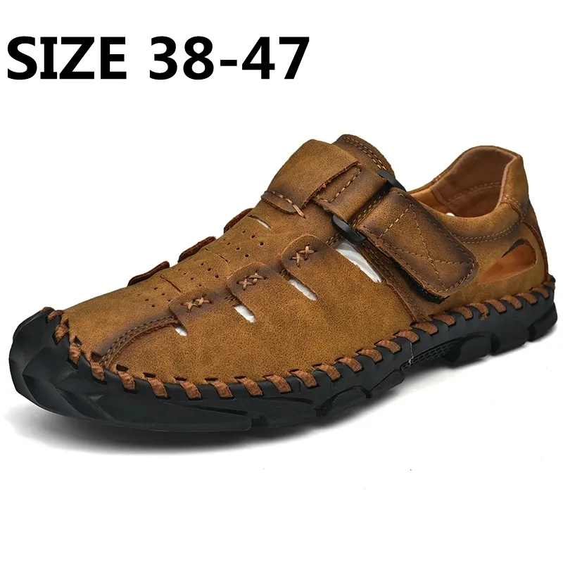 

Breathable Summer Men Leathe Sandals Classical Handmade Men Slippers Outdoor Men Roman Sandals Big Size 38-47