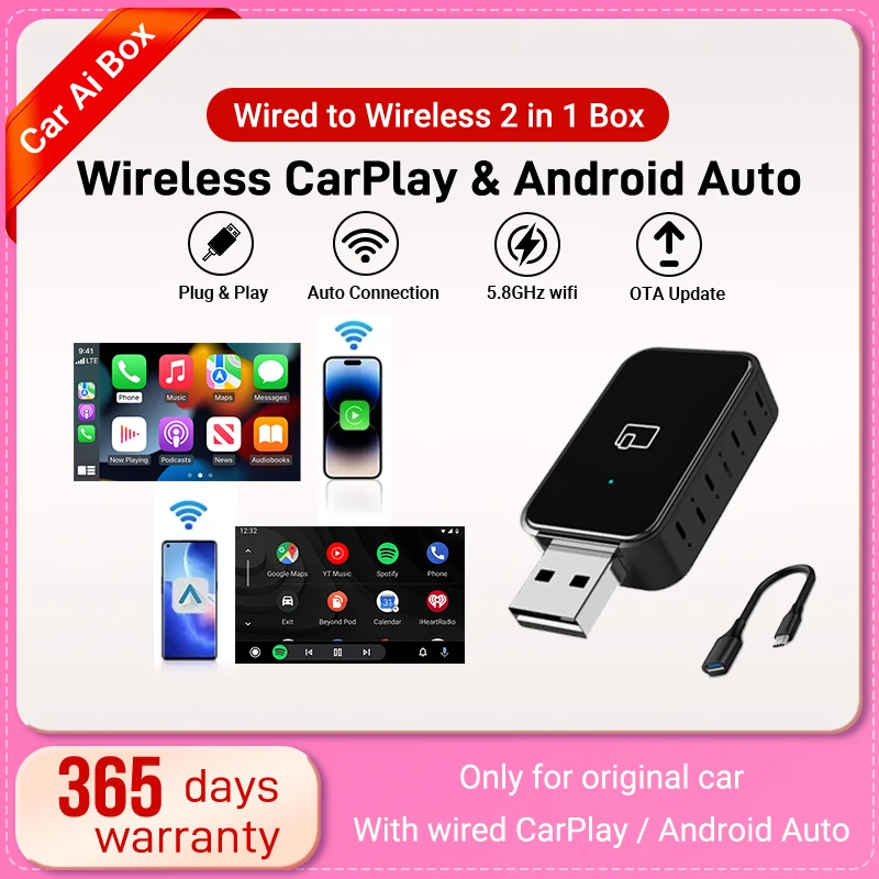 

2025 Беспроводной 2IN1 CarPlay Android Auto Беспроводной мини-адаптер Smart Plug and Play Dongle Bluetooth WiFi Быстрое подключение