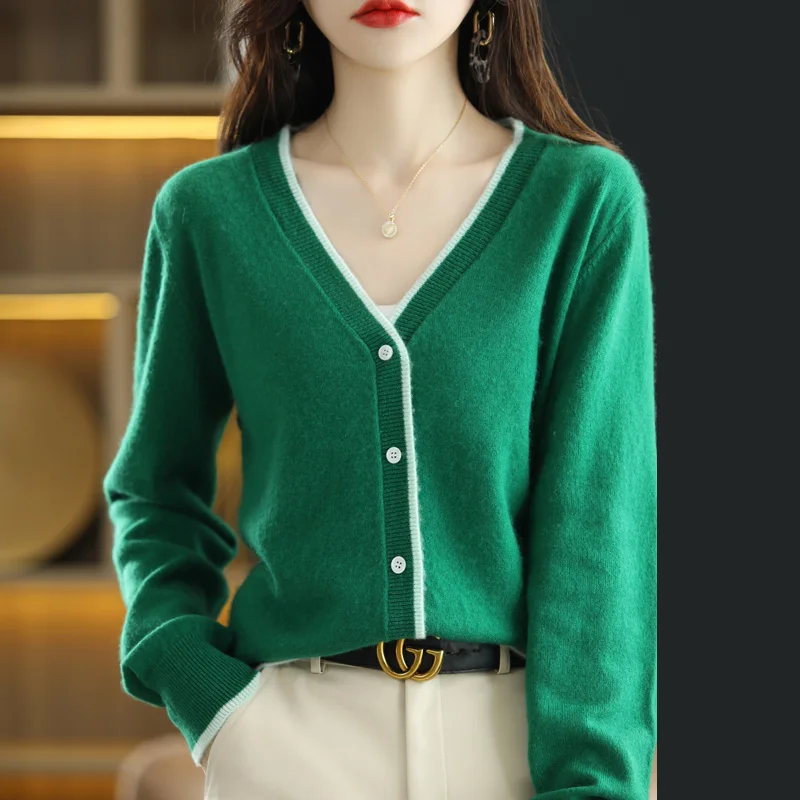 

LHZSYY 100% Merino Wool Cardigan Green Knitted Cardigan For Women Autumn Winter Loose Coats Casual Knit Jackets S-2XL 4 Colors