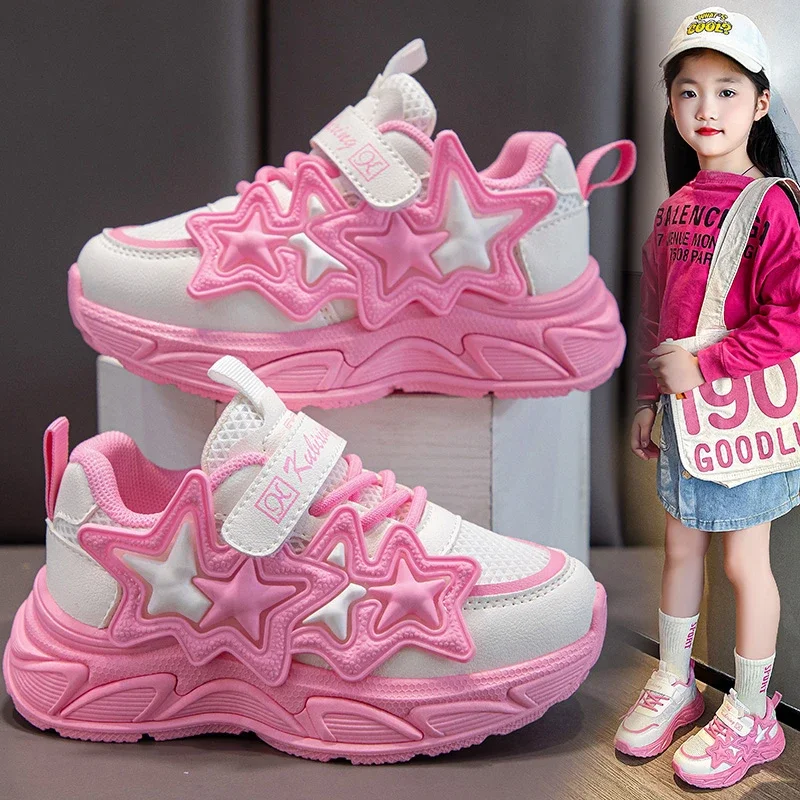 Girls Running Shoes Fashion Classic Kids Casual Sneakers Children Sports Air Mesh with Stars Breathable 2024 Spring Summer
