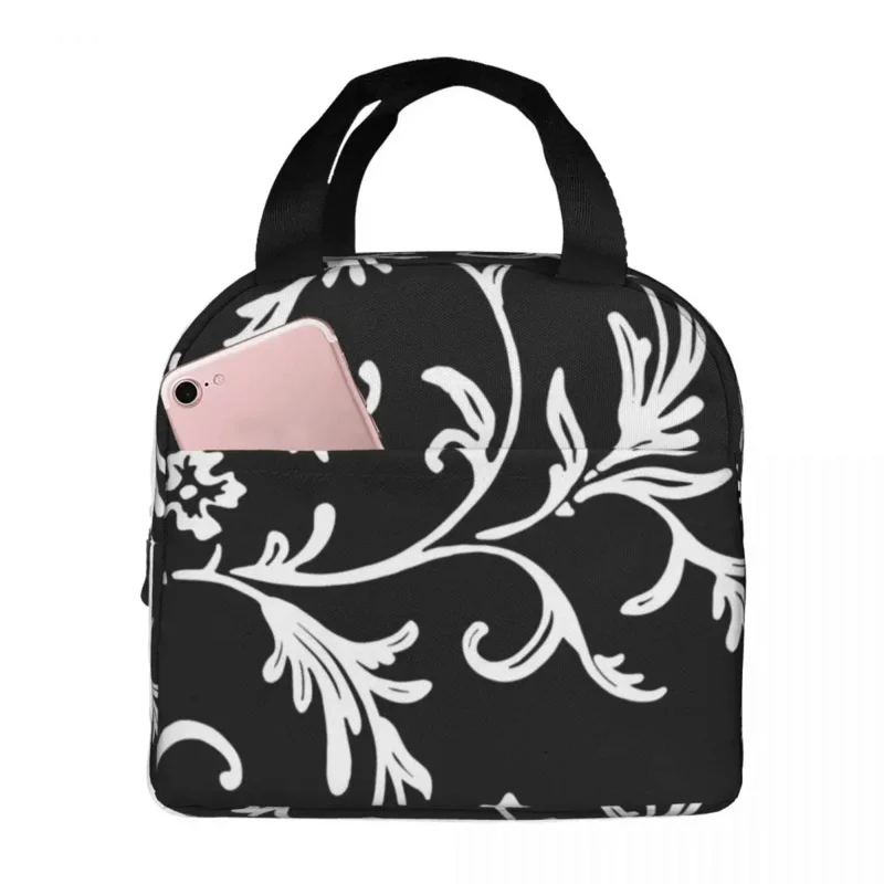 

Элегантная черно-белая Цветочная сумка для ланча, портативная Изолированная холщовая Термосумка для пикника, Ланч-бокс для женщин и детей