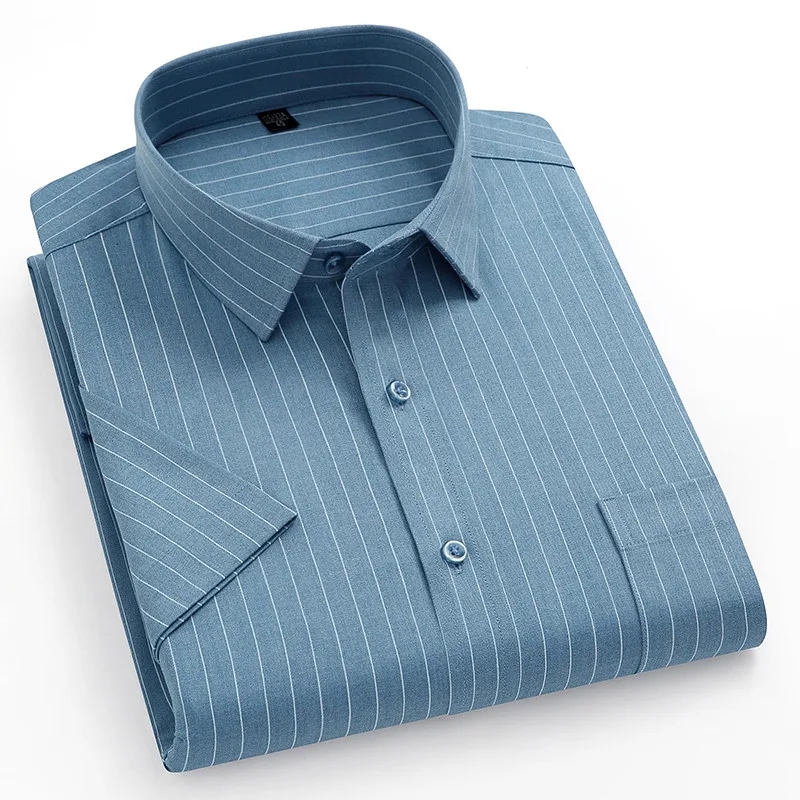 

Рубашка мужская приталенная с короткими рукавами, модная немнущаяся деловая Повседневная, в полоску, мягкая, формальная, не требует глажки, ...