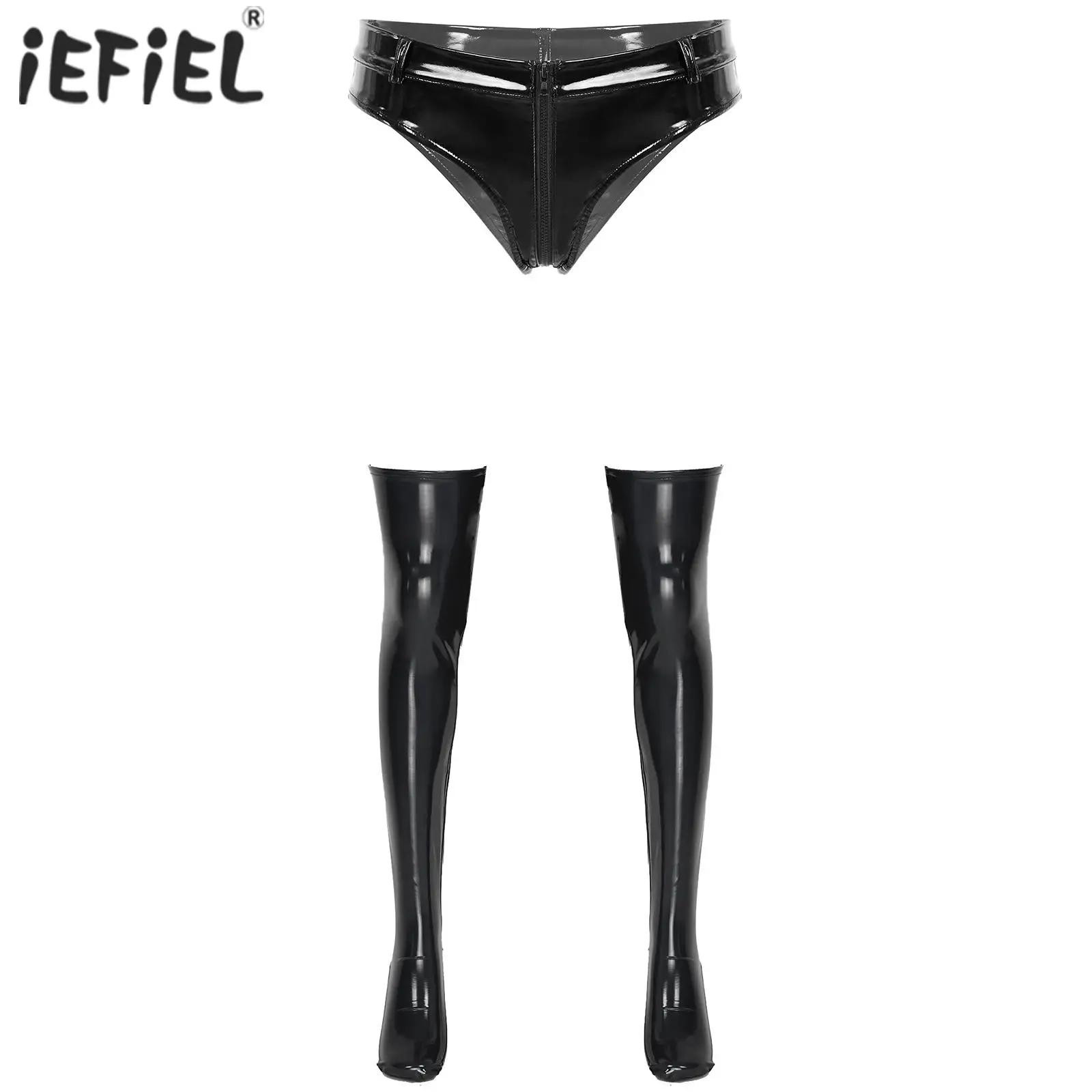 

Womens Wet Look Patent Leather Sexy Exotic Sets Zipper Crotch Low Waist Briefs with Footed Thigh High Stockings for Club Party