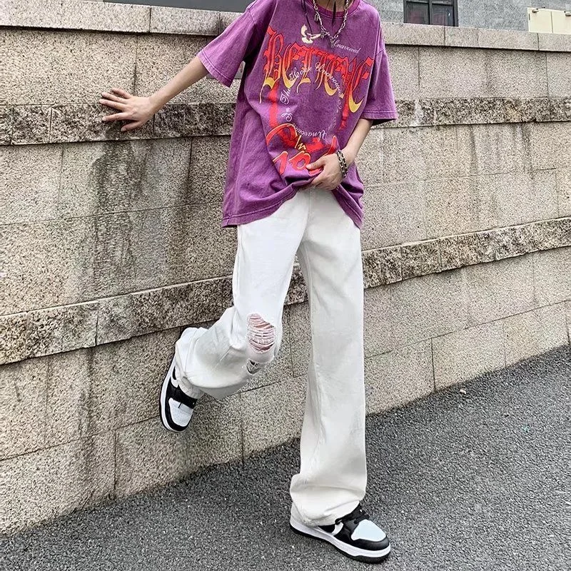 Summer White Hole Jeans Men Fashion Casual Baggy Straight Jeans Men Streetwear Loose Hip Hop Ripped Denim Pants Mens Trousers