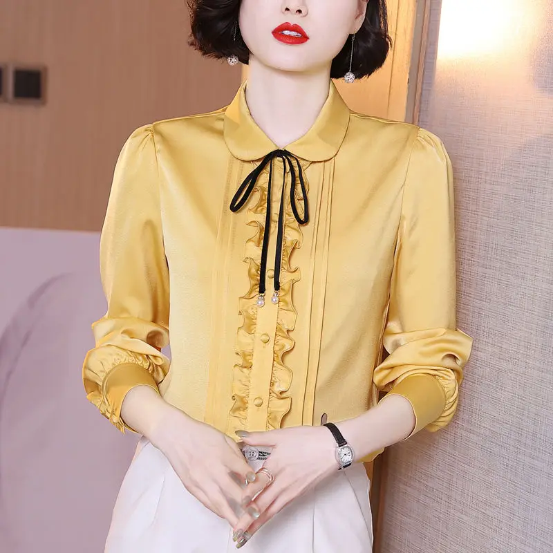 

Simulation Silk Shirt Women's Long-sleeved Satin Bottoming Blouse Spring and Autumn New Solid Color Fungus Edge Shirt