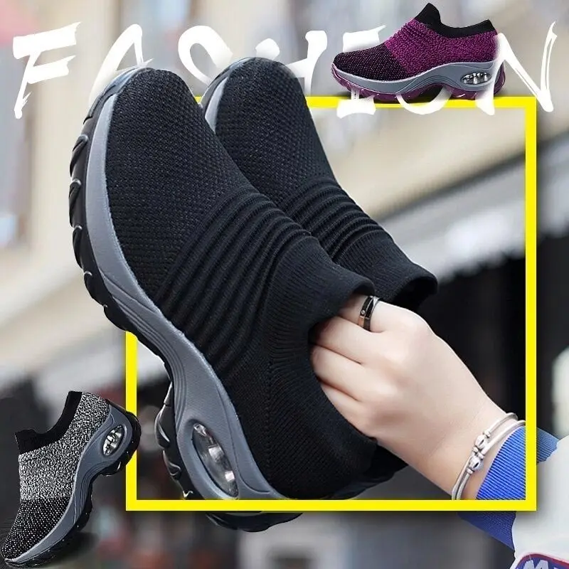 

Big Size Platform Thick Bottom Sneakers Socks for Women Running Shoes Women's Black Sports Shoes Woman Sport Black Knit GMB-2386