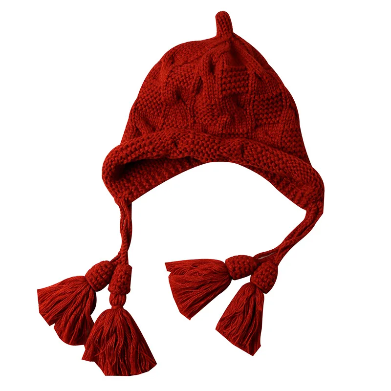 

Новинка, женский шерстяной пуловер с бахромой, зимняя женская шапка с ушками, Толстые Шапочки, Женская Праздничная шапка