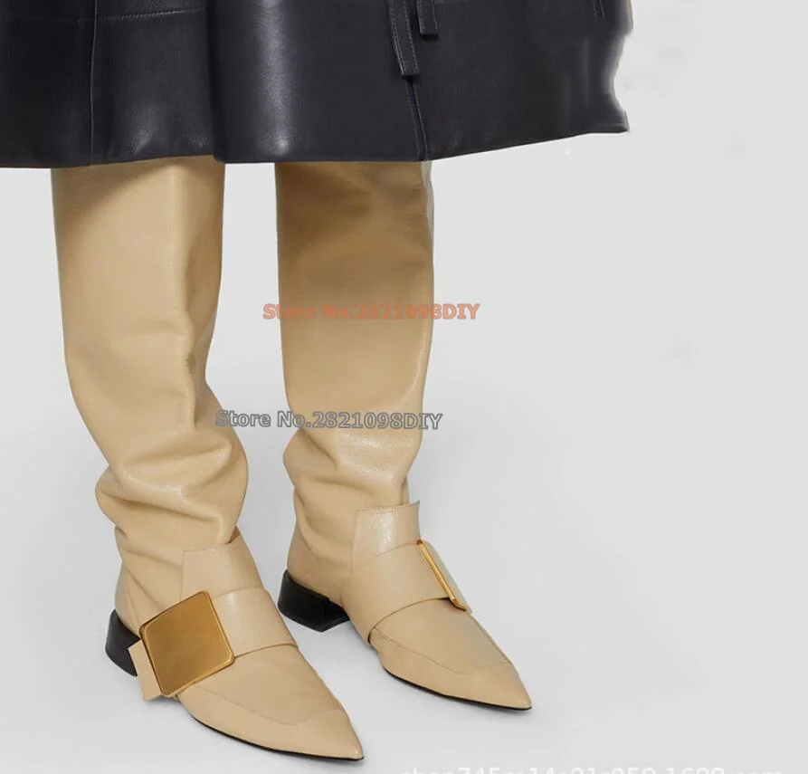 20Mm Heeled Gold Colored Metal Buckle Pointed Toe. Leather Lining Knee High Women Winter Long Boots Plus Size 35-45