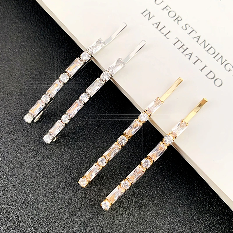 

Trendy 2 Pieces Pair Rectangle Zircon Hair Pin for Women Girls Children's Bobby Pins Gold Plating Hair Clip Barrette Accessory