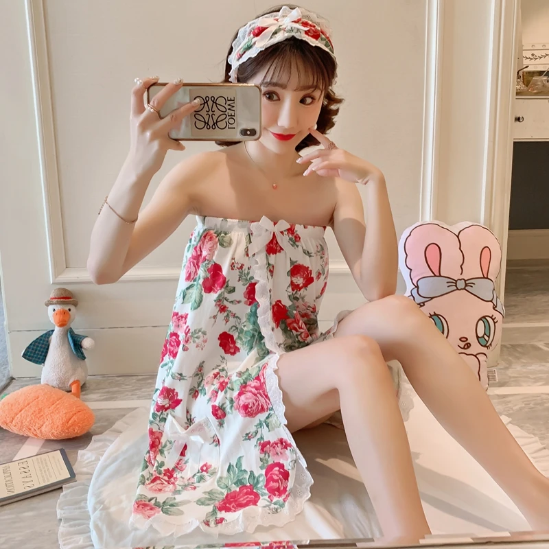Robes For Women Cotton Print Cute Sleepwear Tube Top Bathrob