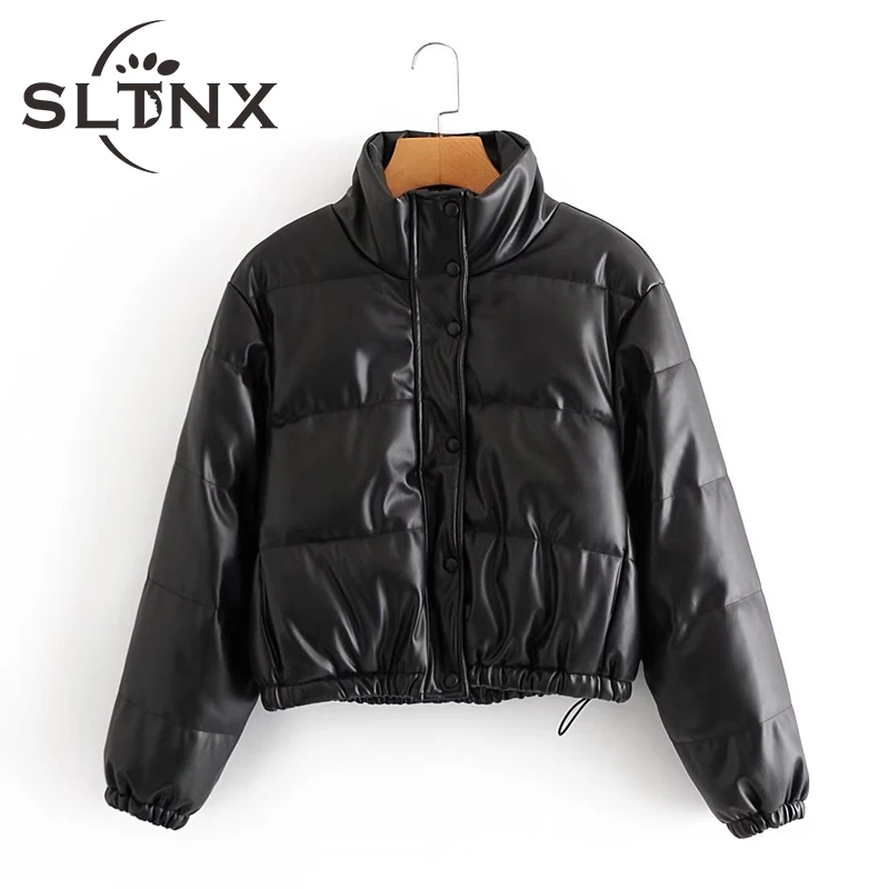 

SLTNX Women Coat 2022 PU Jackets Long Sleeve Stand-up Collar Woman Coats with Pockets Quilted Jackets Ladies Warm Outerwear