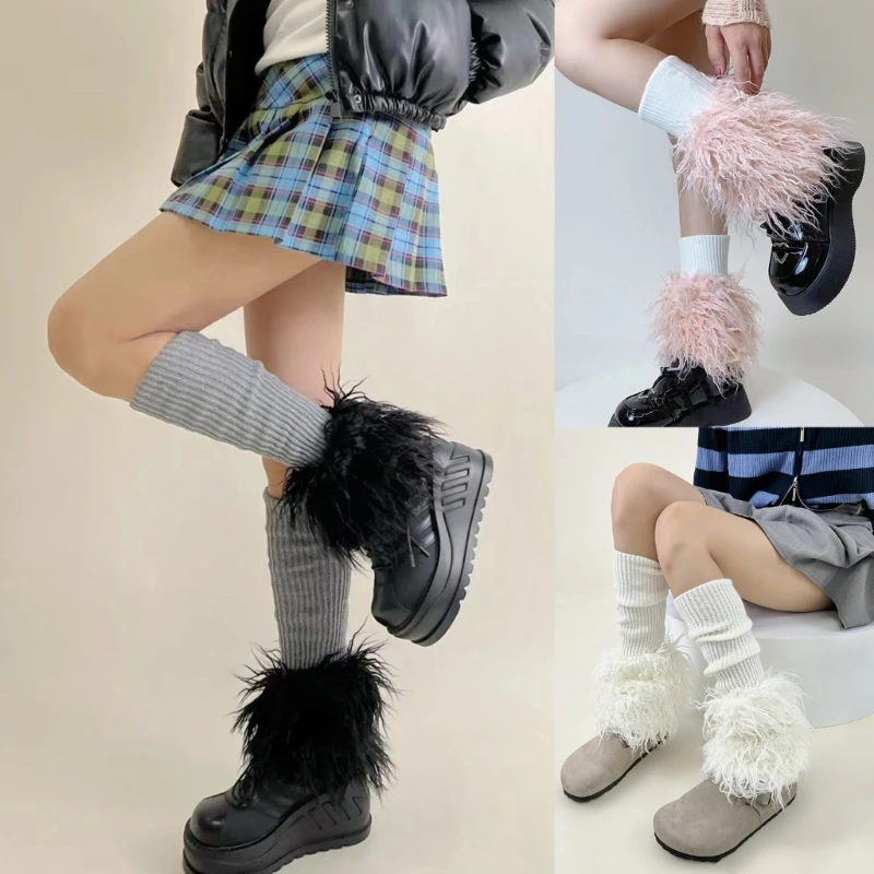 

Casual Leg Warmers Women Girls Gothic Harajuku Ribbed Knit Foot Cover Colorblock Fluffy Furry Hem Boot Cuffs Long Socks