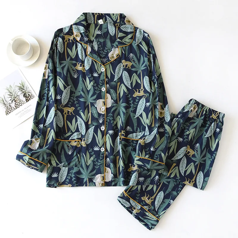 2022 Women's Pajamas Set Sleepwear Long Sleeve Pants Silky Soft Fabric Home Suits Spring Summer Printing Flowers Clothes M L XL