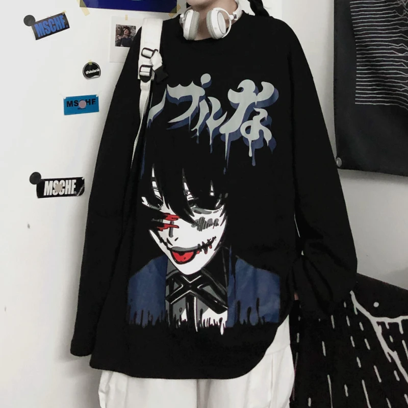 

HOUZHOU Black Goth T-shirt Women Anime Graphic Tee Streetwear Kpop 2022 Summer Japanese Harajuku Oversized Hentai Punk Tops