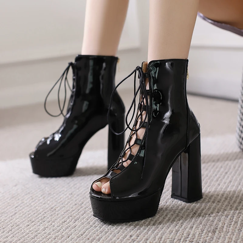 Summer 2023 Sexy Sandals Platform Women Party Super High Heels Patent Leather Peep Toe Shoes Plus Size 48 49 50 Ankle Boots