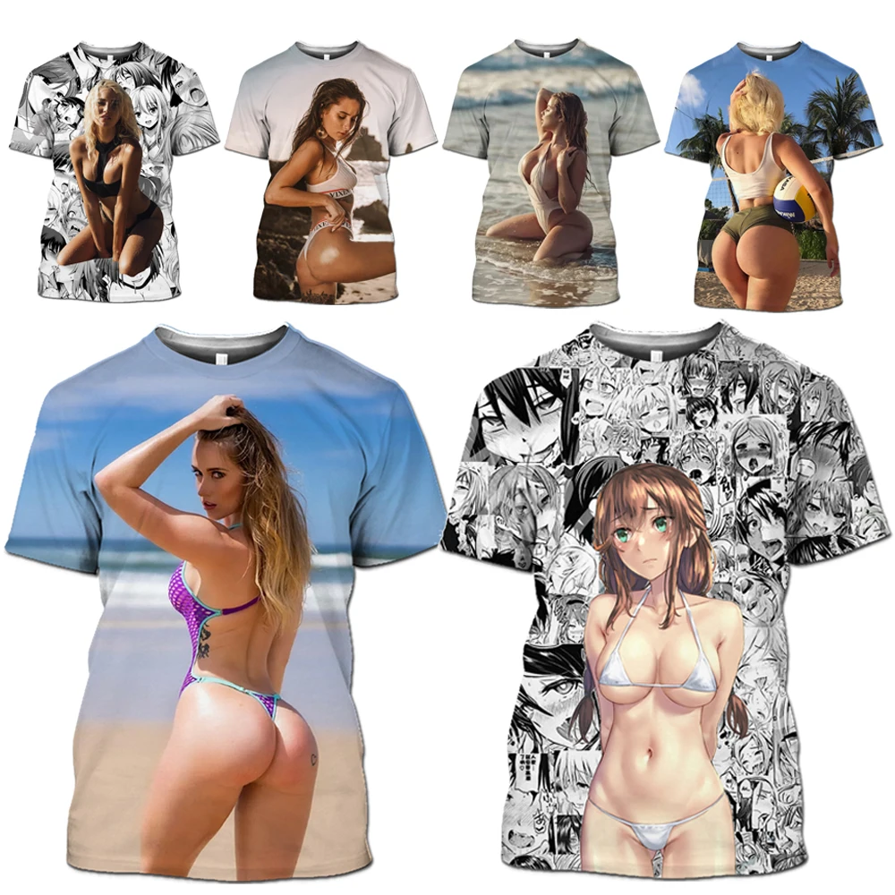 

Сексуальная футболка с 3D принтом для девушек, купальник, красивая модель, Мужская футболка, морской пляж, отпуск, песчаный пляж, бикини, женс...