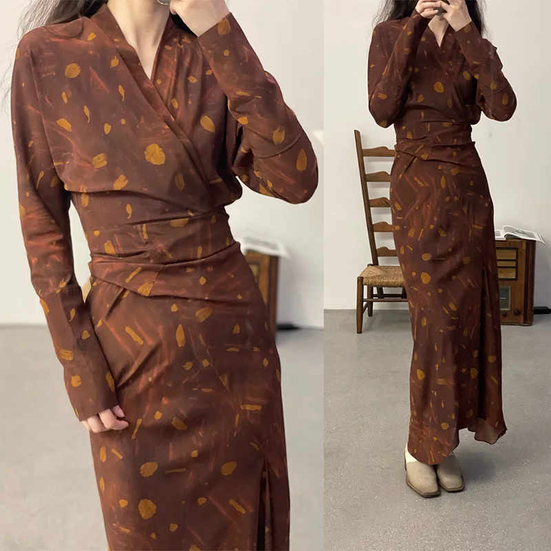 Spring and Summer 2023 New Women Tie-up V-neck Printed Silk Long Dress