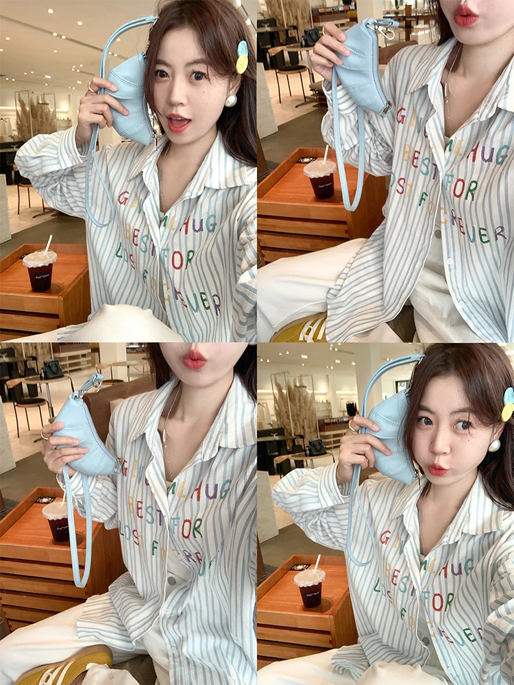 Zeng Xiaoxian морская соль кислород синий в полоску с буквенным принтом длинными