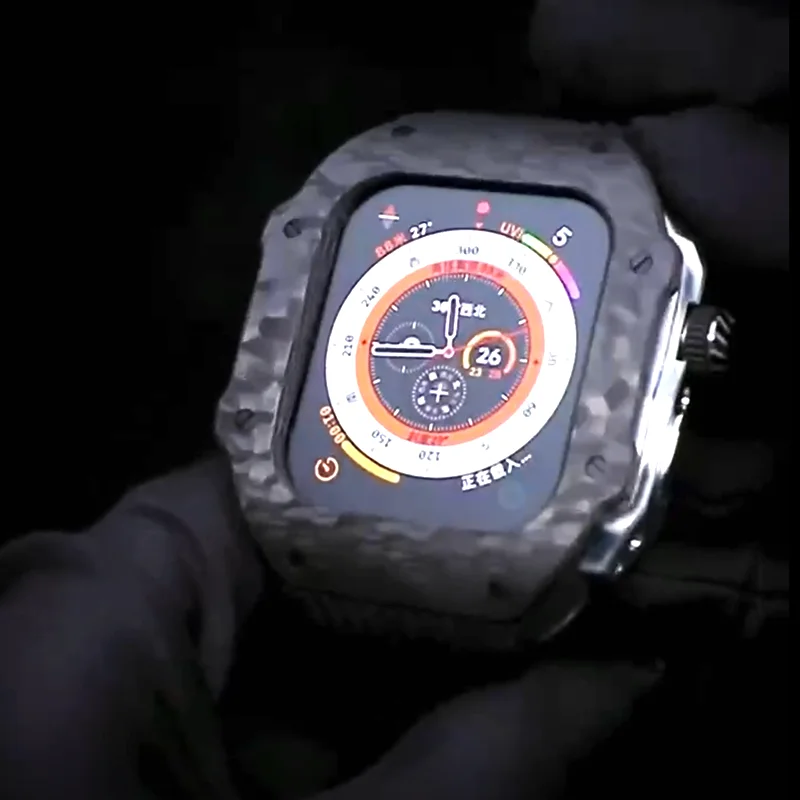 Modification Kit Carbon Fiber Case for Apple Watch Ultra 8 7 6 SE 5 4 Metal Mod Kit for IWatch 49MM 45MM 44MM Fluororubber Strap