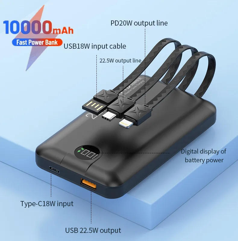 

Power Bank Portable 10000mAh in With USB C Cable External Spare Battery Pack for iPhone iPad Macbook 22.5W Fast Charger