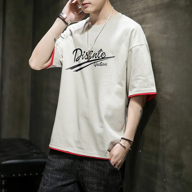 

2023 Mens New 100% Cotton Korean Version T-shirt Loose Round Neck Letter Printing Short Sleeve Student Leisure Sports Tshirt Top