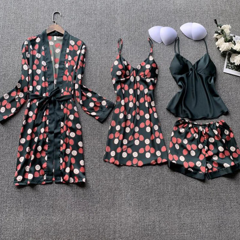 

4Pieces Silk Robe Womens Gown Set Satin Pajamas Sleep Suit V-Neck Nighties Homewear Nightwear Pijama Home Spring Sleepdress
