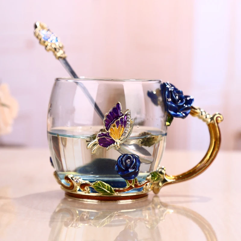 

Blue Rose Enamel Crystal Tea Cup Coffee Cup Mug Butterfly Flower Water Cup With Spoon Drinkware Glass Cup Lover Wedding Gift