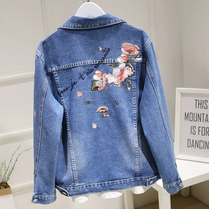 

2022 High-quality Spring and Autumn Women's Coat Embroidery Short Long Sleeve Turn-down Collar Denim Jacket All-match Tops Q390