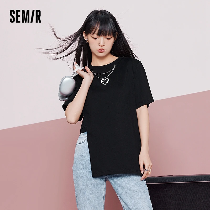 

Футболка SEMIR женская с коротким рукавом, асимметричная длинная милая и крутая рубашка с вышивкой, Свободный Топ с вышивкой, лето 2022