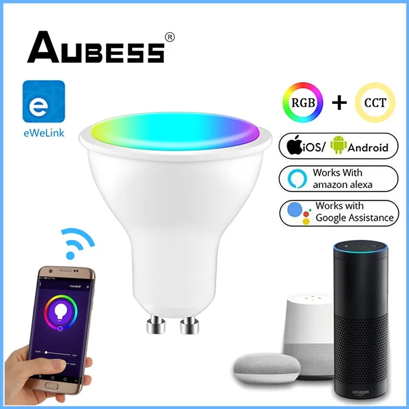 

Aubess Ewelink GU10 WiFi светильник светодиодный лампы RGBCW 4W с регулируемой яркостью лампы с голосовым дистанционным управлением умные светодиодные л...