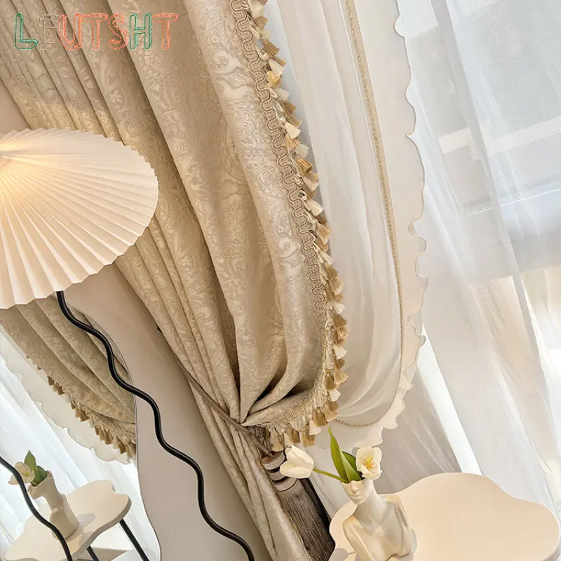 French Curtain for Living Dining Room Bedroom Cream Retro Relief Dark Pattern Stitching High-end Tassel Light Luxury White Tulle