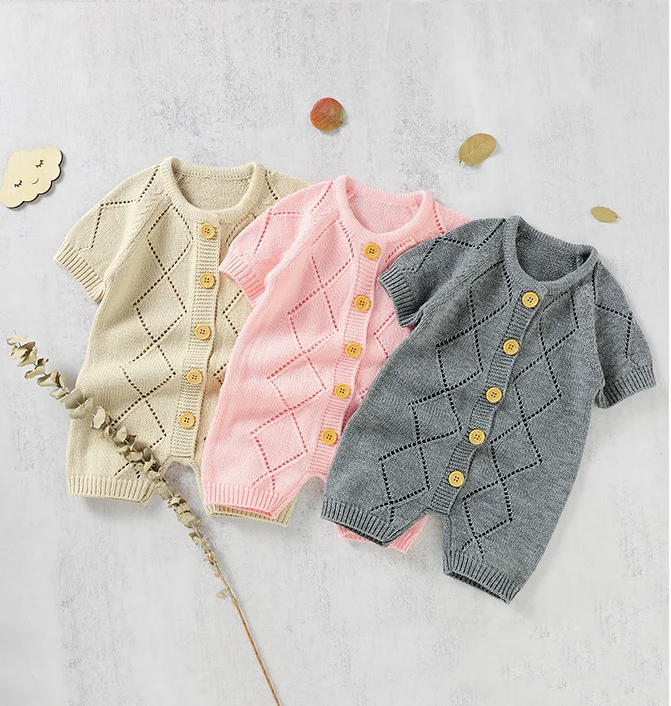 

Baby Rompers Summer Newborn Boys Girls Knit Diamond Jumpsuits Short Sleeve Infant Netural Sunsuits Outfits Toddler Wear