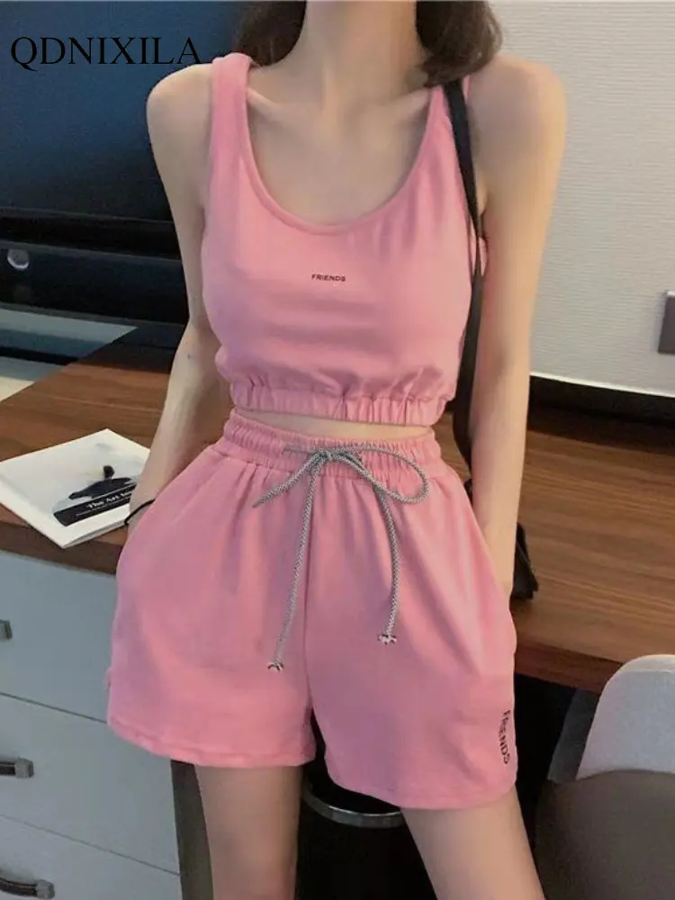 

Summer Women's Tracksuit Suit Korean Chic New In Short Vest Hight Waist Shorts Matching Two-piece Sets Women Fashion Casual Set