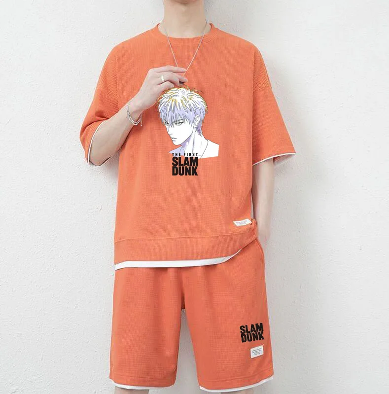 Summer Men Tops + Pants 2 Piece Set Slam Dunk Print Japanese Anime Casual T-shirt and Shorts Short Sleeve Basketball Sportswear