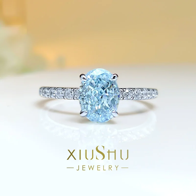 

2022 New 925 Silver High Carbon Diamond Navy Blue Zirconium 6 * 8 Elliptical Radian Ring Lady