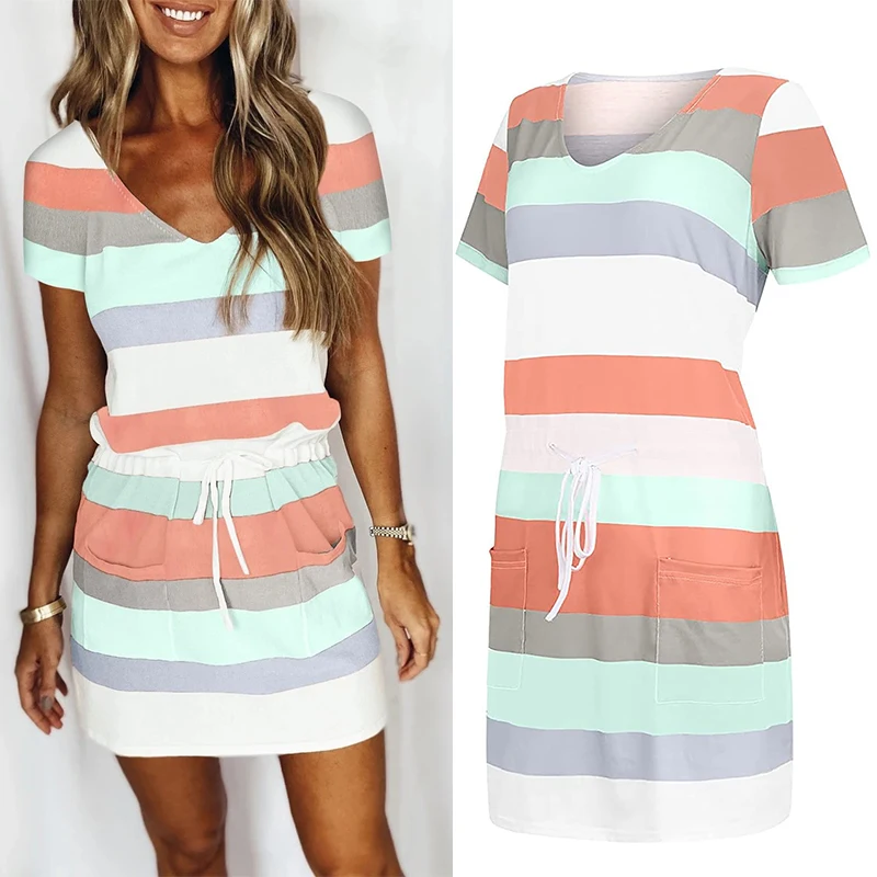 

Women Dresses Summer 2022 Casual Boho Beach Striped Dress For Women's O-Neck Party Female Short Sleeve Drawstring Loose Dress