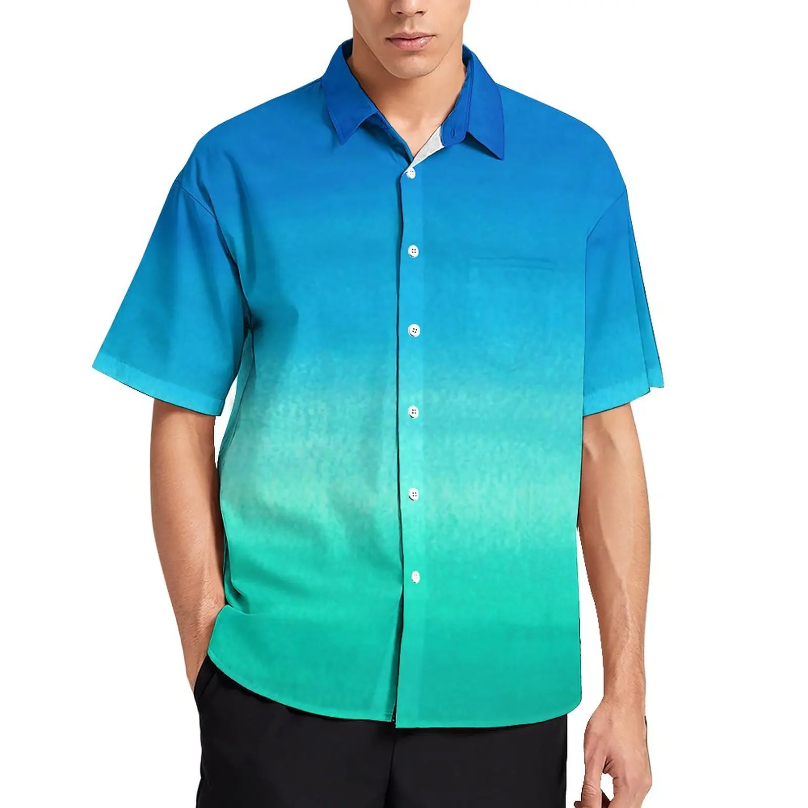 

Голубая зеленая Свободная рубашка с эффектом омбре для отпуска Акварельная неоновая океанская Повседневная рубашка Гавайский графический Рисунок Модная фотография с коротким рукавом