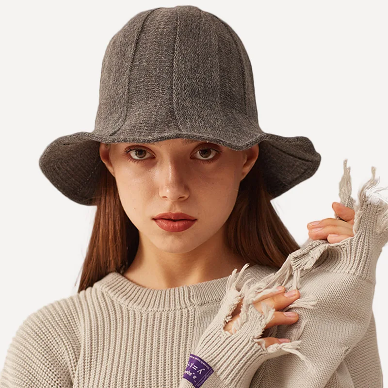 Wool Blended Knitting warm Bucket Hats For Women Autumn and Winter  Vintage woolly Caps Fashion Basin Hat