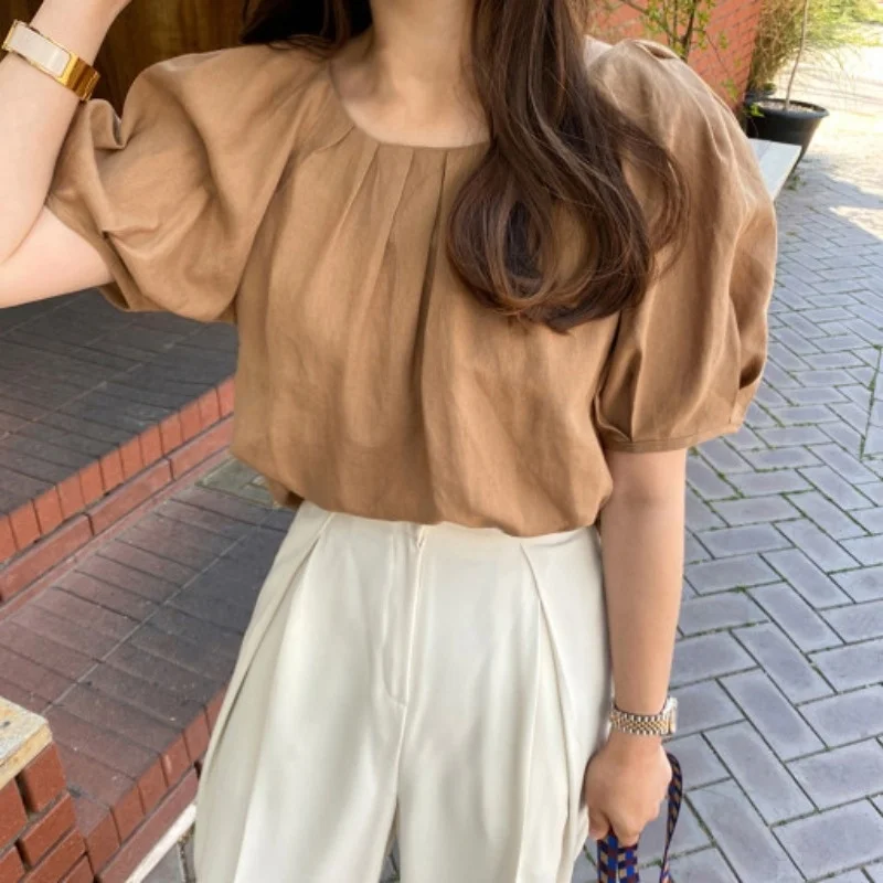 

Женская рубашка с рукавами-фонариками, свободная тонкая рубашка в гонконгском ретро-стиле с эффектом потертости во французском стиле, лето