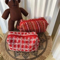 fashion women cosmetic bag red new years christmas knitted fabric gingham portable storage bag ins high value make up soft bag