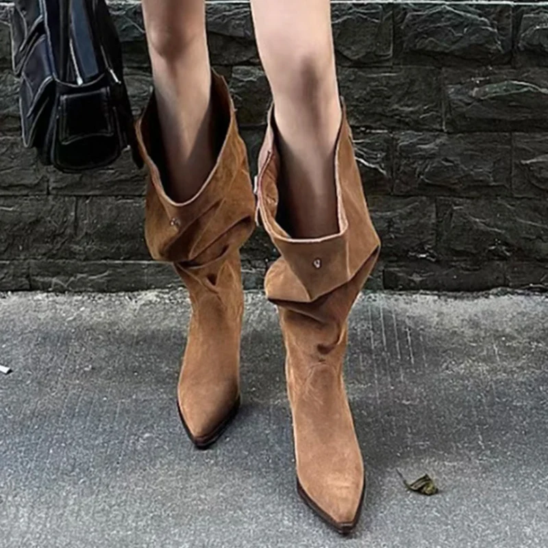 Замшевые высокие женские сапоги на массивном каблуке дизайнерская обувь с