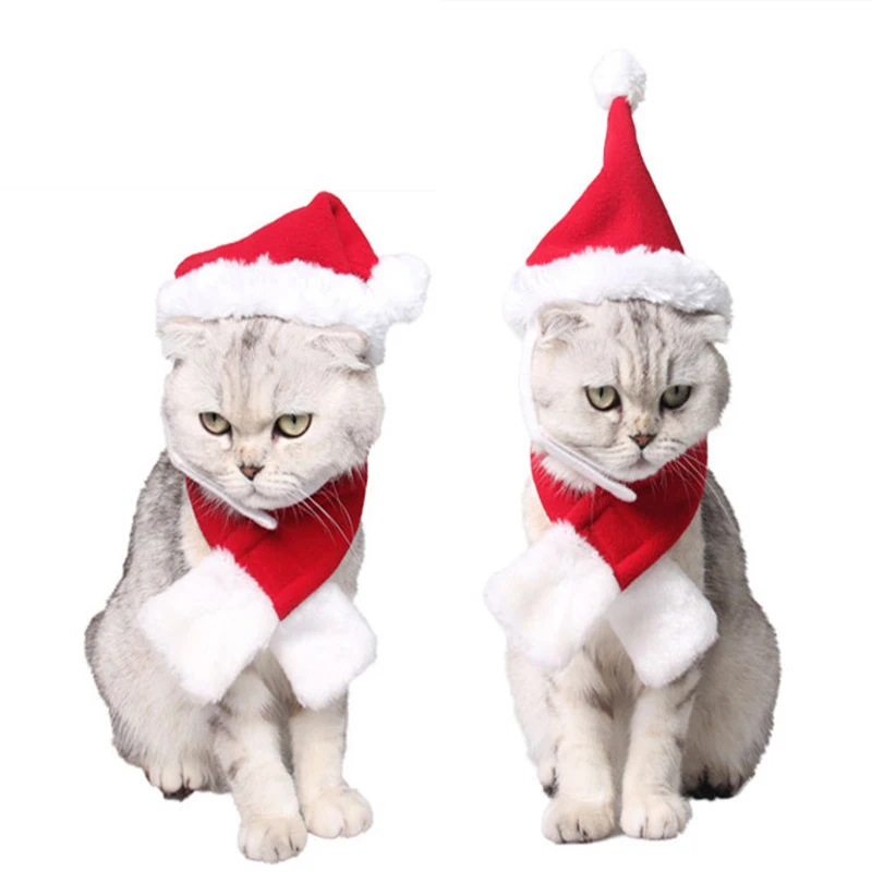 

Dog Hat Scarf Christmas Santa Claus Hat Suit Short Plush Party Cosplay Red Dress Up Dog Cat Clothes Accessories Supply