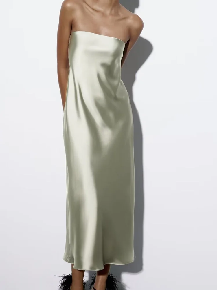

2023 Women Summer Satin Dress Vintage Solid Sleeveless Off shoulder Strapless Female Elegant Party Dresses Clothing