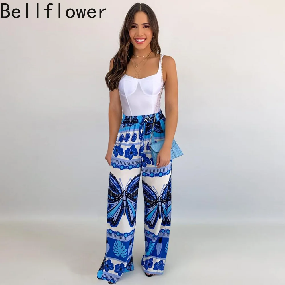 

Bellfower Butterfly Print Wide Leg Pants Summer High Waist Casual Lace Up Womens Pants Full Length Loose Streetwear Women