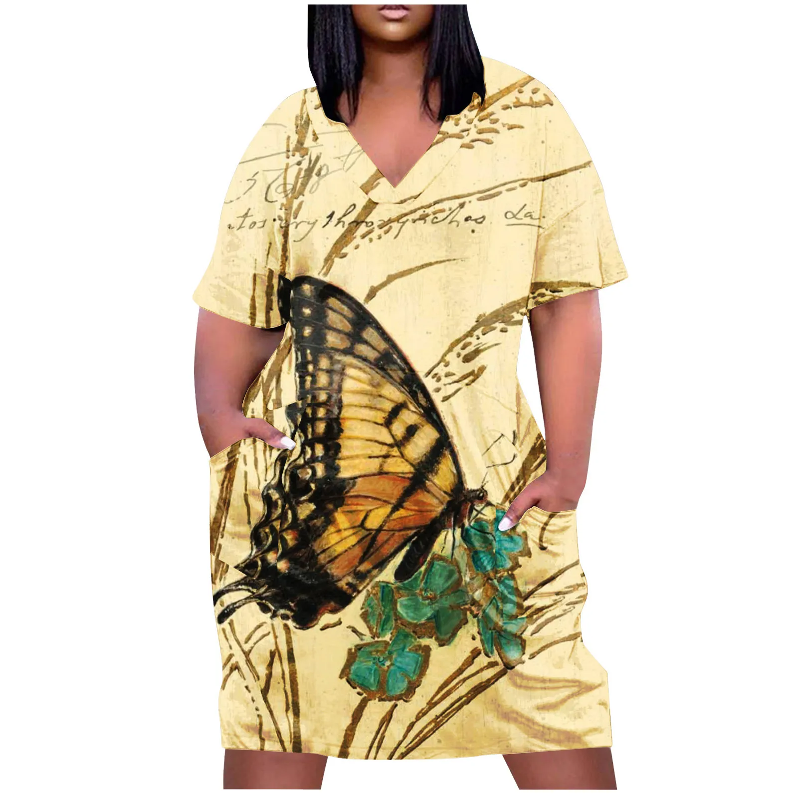 

Elegant Women's Dress 2023 Loose Tunic Dresses V Neck Short Sleeve Sundress With Pockets Dress Summer Casual Print Dresses